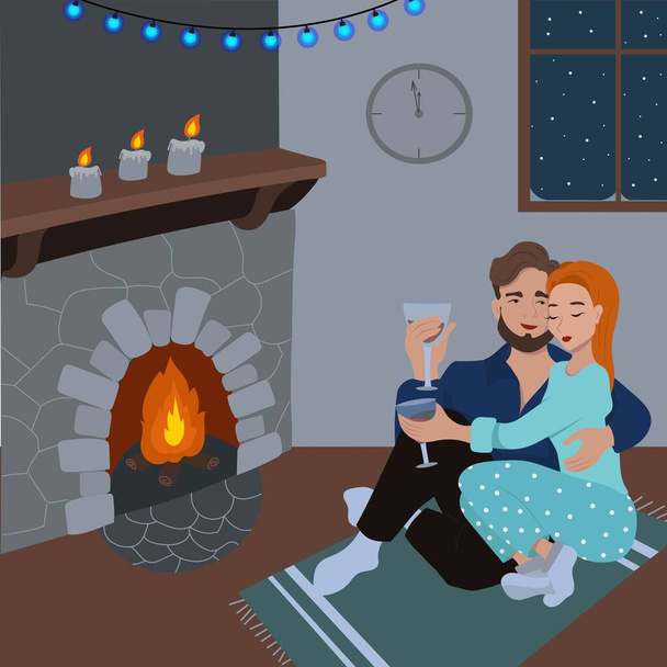 Couple in love by the fireplace drinks wine from glasses, New Year's Eve, Romantic evening by the fireplace,Guy hugs a girl, Two lovers cozy meet the New Year, vector illustration in flat style. - Vector, Image