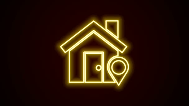 Zářící neonová čára Ukazatel mapy s ikonou domu izolovanou na černém pozadí. Značkový symbol domovské polohy. Grafická animace pohybu videa 4K - Záběry, video