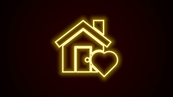 Gloeiende neon lijn Huis met hartvorm pictogram geïsoleerd op zwarte achtergrond. Liefde huissymbool. Familie, onroerend goed en onroerend goed. 4K Video motion grafische animatie - Video