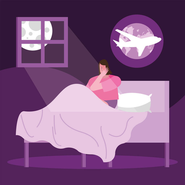 γυναίκα στο κρεβάτι σκέφτεται σε ταξίδια που πάσχουν από αϋπνία χαρακτήρα - Διάνυσμα, εικόνα