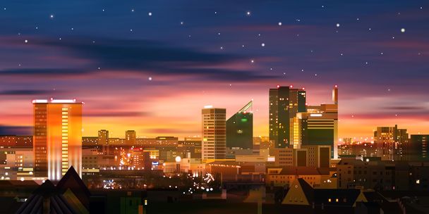 abstrakter Hintergrund mit Stadt und Sonnenaufgang - Vektor, Bild