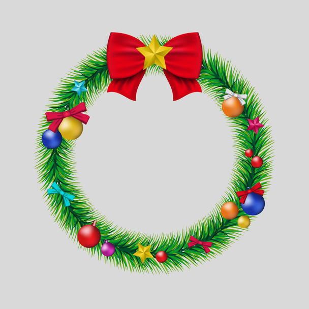 お祭りのお祝いのコンセプトクリスマス、新年、緑の花輪のオブジェクト、リボンボールスターの装飾、絶縁ベクトルのデザイン - ベクター画像