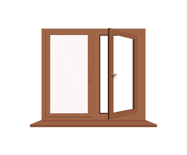 Brown window frame with one half open. Wooden window pane - Vector, Image