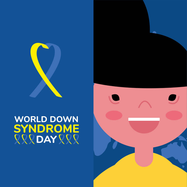 világ le sindrome nap kampány poszter szalaggal és kisfiú - Vektor, kép