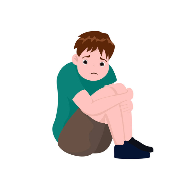 悲しい少年の背景に孤立座っている。漫画のキャラクターフラットスタイルのベクトルイラスト. - ベクター画像