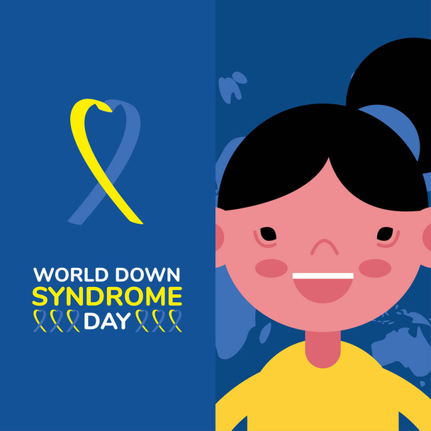 wereld naar beneden sindrome dag campagne poster met kleine meisje en lint - Vector, afbeelding