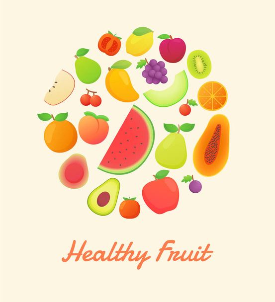 Egészséges gyümölcs természet organikus táplálkozás fehér elszigetelt háttér egyesített kör alakú színes rajzfilm lapos stílus - Vektor, kép