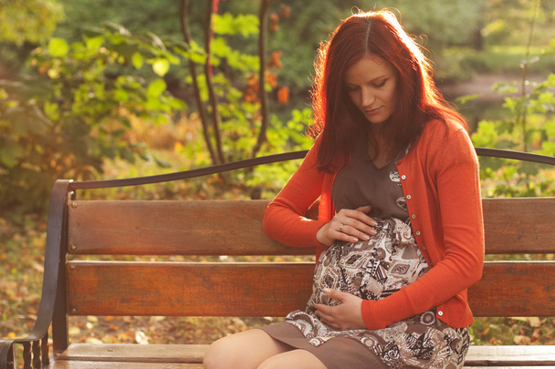 Pregnant woman walking in autumn park - Valokuva, kuva