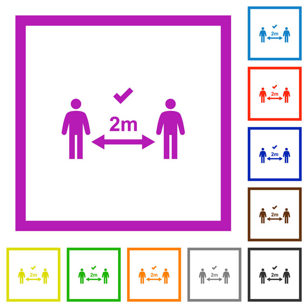 Correto social distanciamento ícones de cor plana em quadros quadrados no fundo branco - Vetor, Imagem