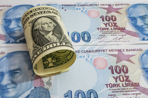 Dólar USA y billetes de Lira turca  - Foto, Imagen