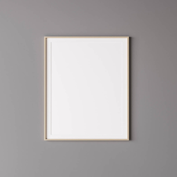 Wooden vertical frame mockup on gray wall. 3d render. - Фото, изображение