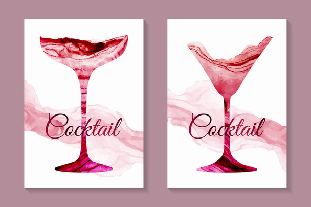 Modern abstract luxury card templates for wine tasting invitation or bar and restaurant menu or banner or presentation with red cocktail glasses in watercolor or marble texture on a white background. - Vector, Image