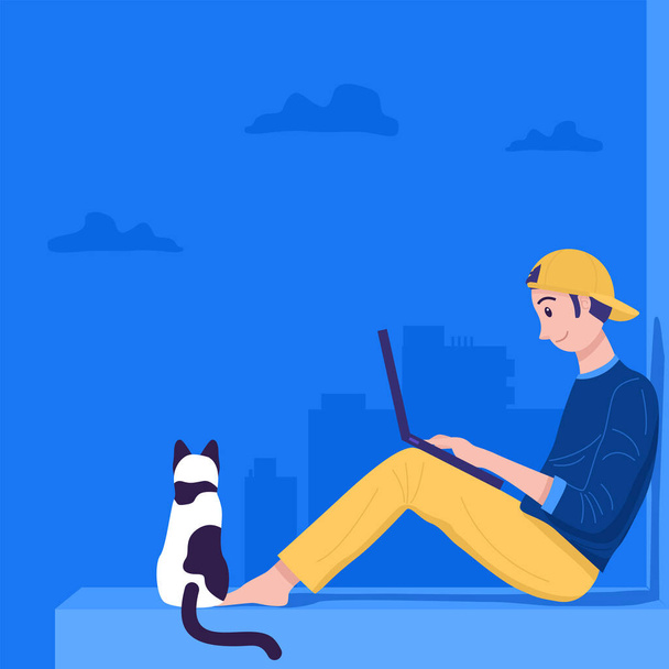 Work from home concept, A young man sitting on rooftop and working on laptop. Vector - Vector, Image