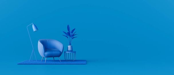 Creative interior design in blue studio with armchair. Minimal color concept. 3d render 3d illustration - Фото, зображення