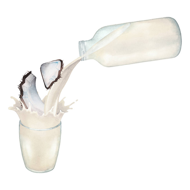 Aquarel plantaardige melk gieten uit de glazen fles in de beker met een spatten en versierd met kokosnoten - Foto, afbeelding
