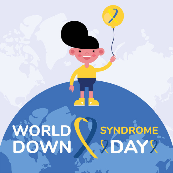 wereld naar beneden sindrome dag campagne poster met kleine jongen en ballon helium - Vector, afbeelding