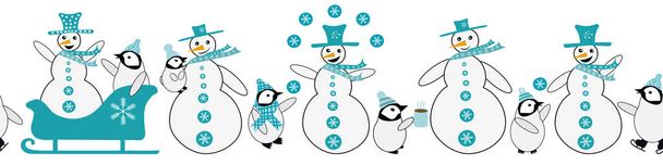 雪だるまと赤ちゃんペンギンのシームレスなベクトル境界。笑顔で楽しい青の白いバナー、笑顔の雪だるま、帽子、スカーフで身を包んだ小さなペニン。南極の動物のアイススケート、そり冬のシーン - ベクター画像