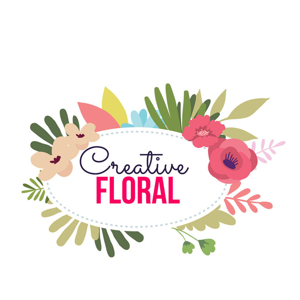 Vector spring time illustration of floral beautiful template with flower and leaves around frame on white background with text. Flat style design of flower poster, greeting card, spring season sale label, invitation - Vektor, Bild