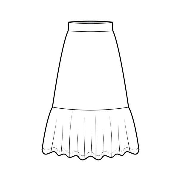 Falda volante ilustración técnica de moda con longitudes por debajo de la rodilla, silueta de una línea, cintura gruesa inferior - Vector, imagen