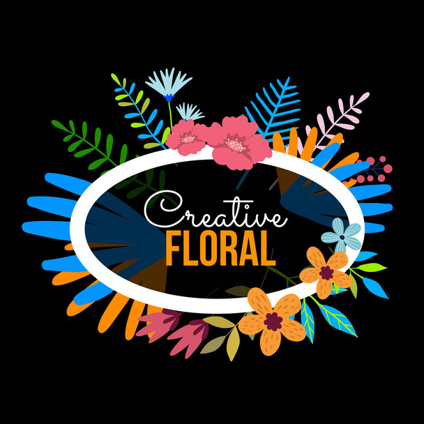 Vector beautiful illustration of floral template with flower frame on black background and text - Vektör, Görsel