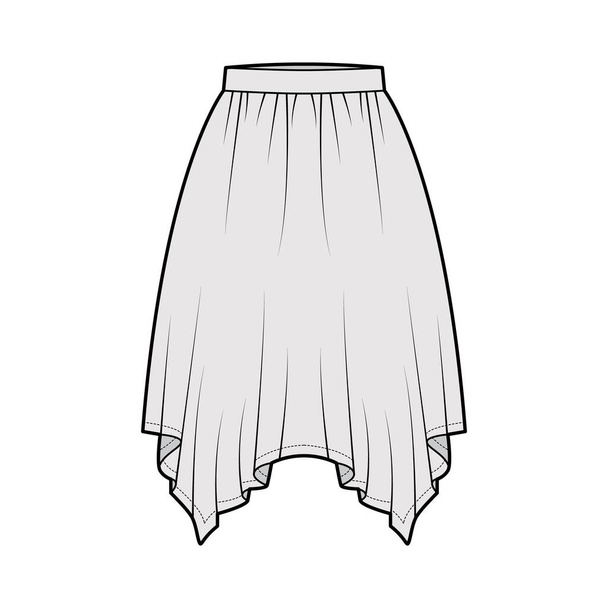 Skirt handkerchief technical fashion illustration with circular knee silhouette, pencil fullness, thin waistband. Flat - Vector, Image