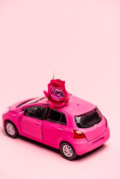 speelgoed auto en rode roos op roze achtergrond - Foto, afbeelding