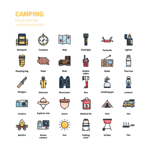 Conjunto de iconos. Conjunto de iconos de esquema lleno de camping. Icono para sitio web, aplicación, impresión, diseño de póster, etc.. - Vector, imagen