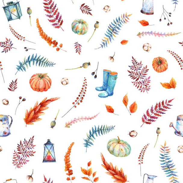 秋のシームレスなパターン。水彩カボチャ、野花、園芸用具 - 写真・画像