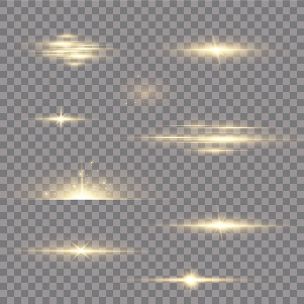 Brillanti stelle dorate isolate su sfondo nero. Effetti, riflessi, linee, brillantini, esplosioni, luce dorata. Illustrazione vettoriale..  - Vettoriali, immagini