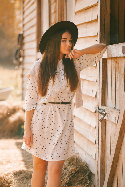 Young girl in dress and hat posing on the farm on a sunny day - Photo, image