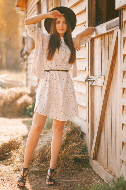 Young girl in dress and hat posing on the farm on a sunny day - 写真・画像