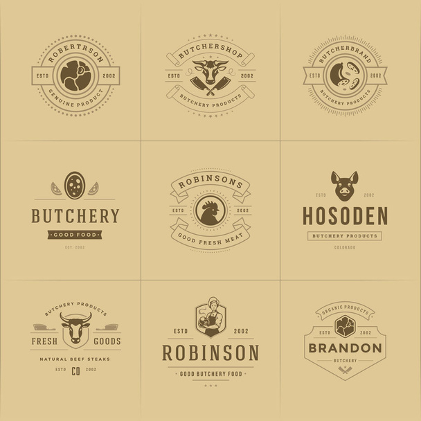 Butcher shop logos set vector illustration good for farm or restaurant badges with animals and meat silhouettes - Vector, Image