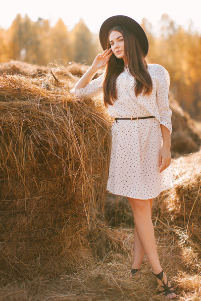 Young girl in dress and hat posing on the farm on a sunny day - Foto, imagen
