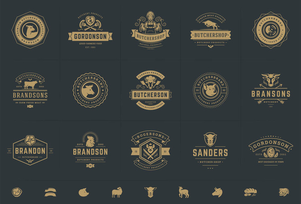 Butcher shop logos set vector illustration good for farm or restaurant badges with animals and meat silhouettes - Vecteur, image