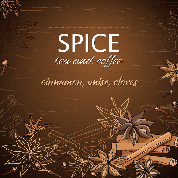 Vector banner with cinnamon sticks and anise stars on wooden texture background. Spices for tea and coffee, vector illustration. - Vector, Image