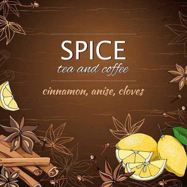 Cinnamon sticks, lemon wedges, coffee beans and anise stars. Spices for tea and coffee on wooden texture background, vector illustration - Vector, Image