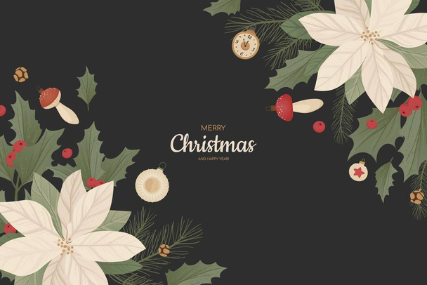 Background with realistic christmas tree branches, fir-cones, mistletoe and holly, ilex. - Vector, Image