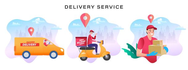 Koncept služby rychlého dodání pro mobilní aplikaci. Online Delivery Service plochý design banner ilustrační koncept pro digitální marketing. - Vektor, obrázek
