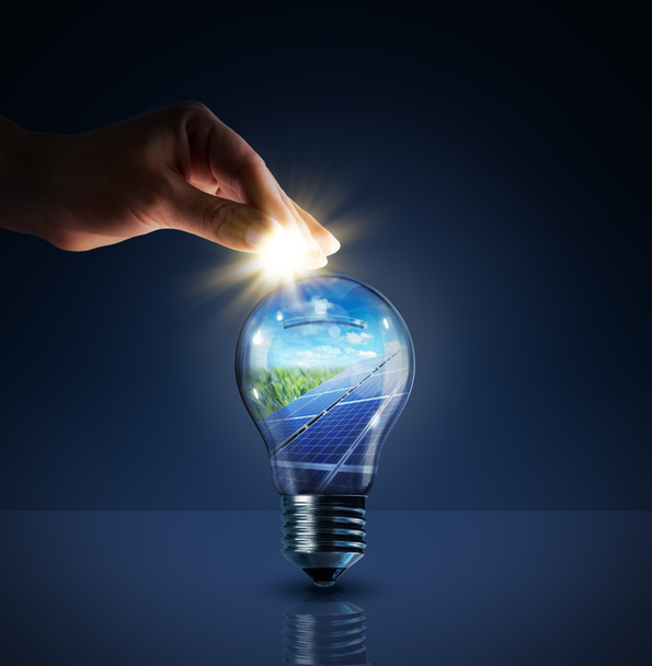 Invest in solar energy - concept - sun in bulb - piggybank - Photo, Image