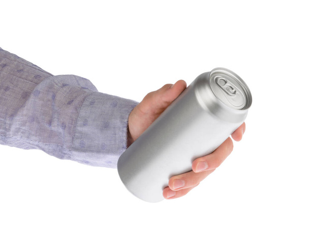 Hand holds metal beverage drink can isolated on white clipping path - Fotoğraf, Görsel