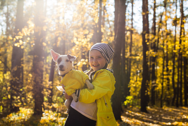 Niña con un perro Jack Russell Terrier. Niño, infancia, amistad y concepto de mascota. Pequeño perro paseando en el parque de otoño. - Foto, Imagen