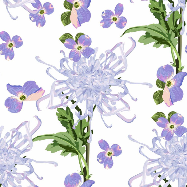 日本のグラフィックスタイルで緑の葉で明るい紫色の菊を描いた手のシームレスなパターン. - ベクター画像