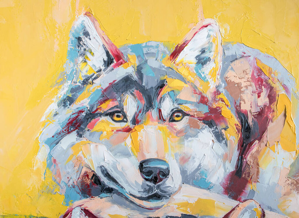 Oil wolf portrait painting in multicolored tones. - Photo, Image