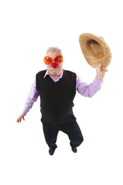 Funny fisheye portrait of the cheerful elderly man - Foto, imagen
