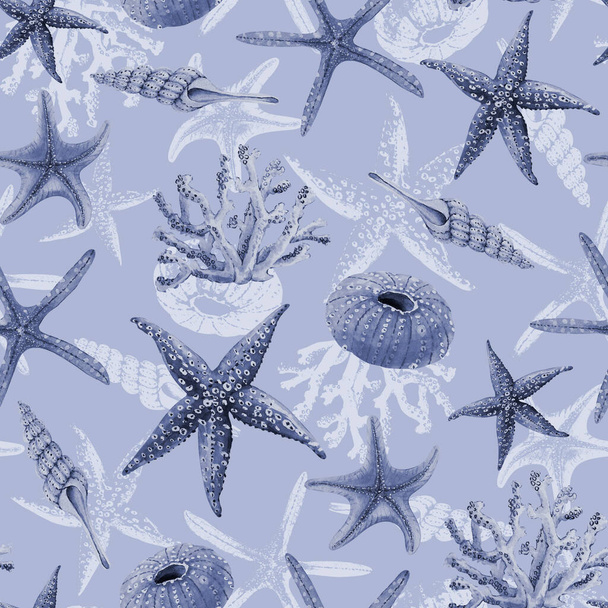 αδιάλειπτη μοτίβο με υδατογραφίες σε ναυτικό στυλ σε μπλε φόντο, ζωγραφισμένα στο χέρι θάλασσα όρκους μαλάκια και κοράλλια κοντά - Φωτογραφία, εικόνα