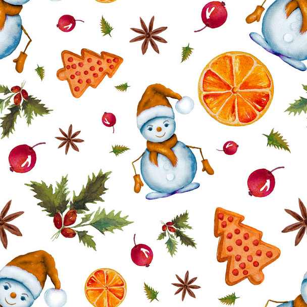 Χριστούγεννα υδατογραφία αδιάλειπτη μοτίβο με χιονάνθρωπους και τα cookies που απομονώνονται σε λευκό. - Φωτογραφία, εικόνα