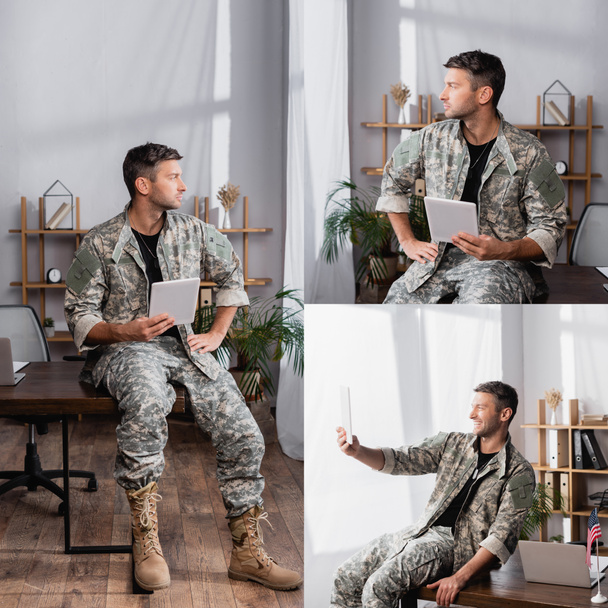 kolaż wesoły wojskowy człowiek za pomocą tabletu cyfrowego i mając rozmowy wideo w biurze - Zdjęcie, obraz