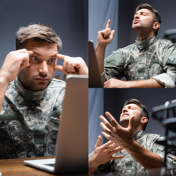 collage de militar pensativo señalando con el dedo, expresando sentimientos y mirando a la computadora portátil en la oficina - Foto, Imagen