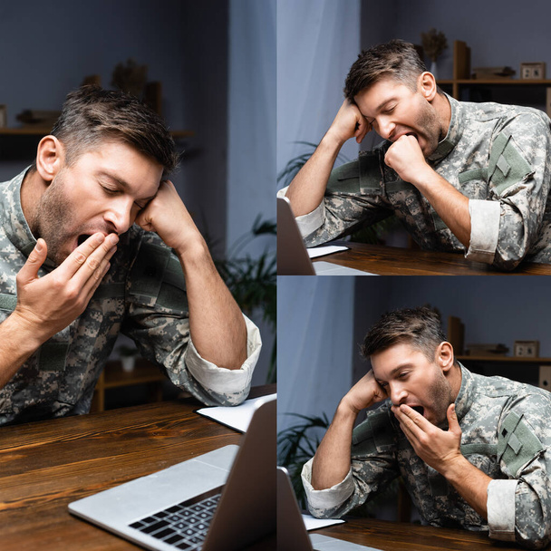koláž unaveného vojenského muže v uniformě zívání v blízkosti notebooku u stolu  - Fotografie, Obrázek