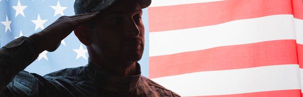 patriotic military man in uniform and cap giving salute near american flag on background, banner - Photo, Image